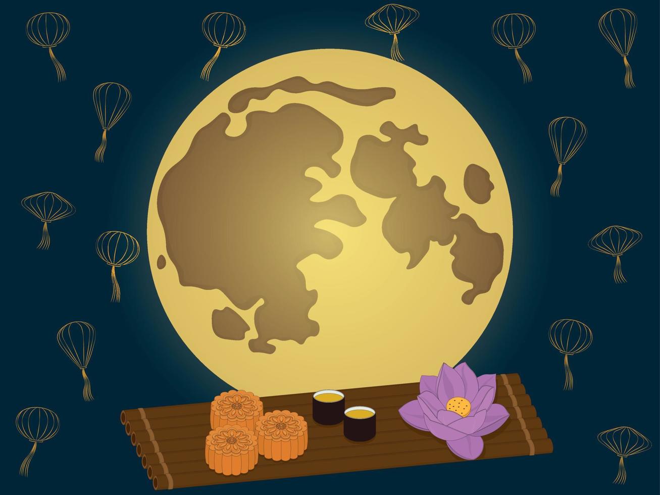 Asian mid autumn festival vector illustration with full moon, mooncake, lotus flower and lanterns