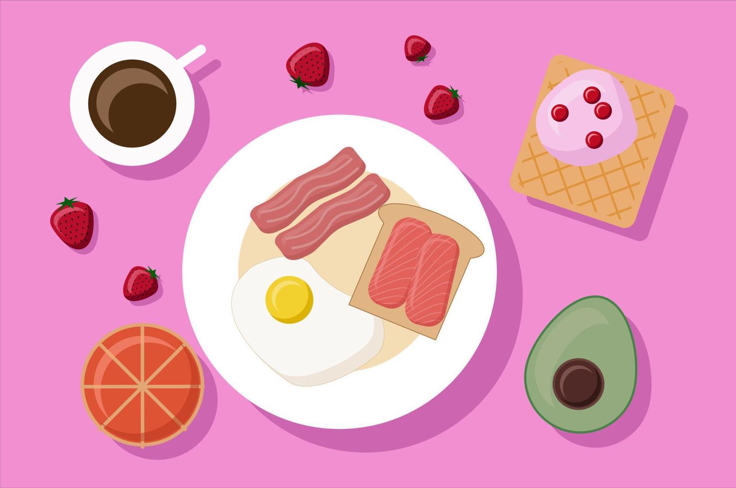 desayuno. huevos revueltos con tocino, aguacate y café. ilustración plana vectorial vector