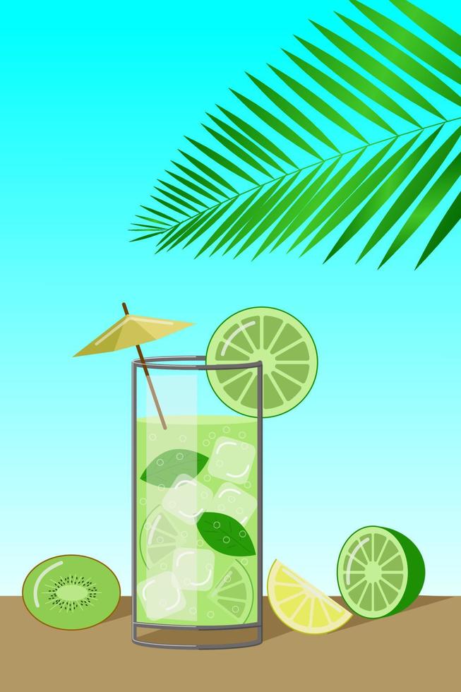 mojito cocktail on a palm tree background. Flat cartoon vector illustration