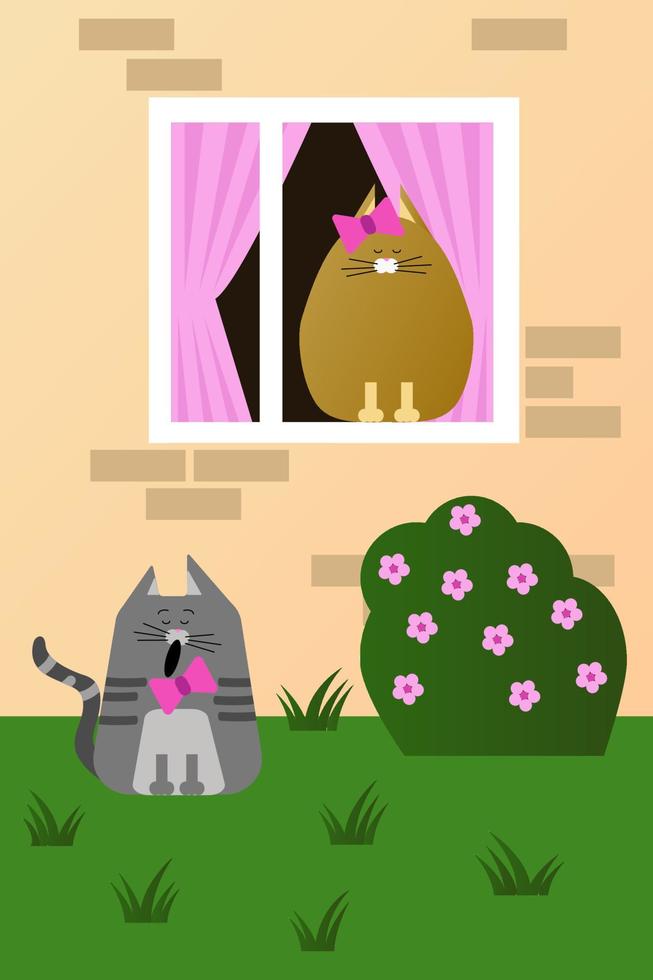 A cat in love sings under the windows of his beloved cat. March cat. Romantic relationships. Flat cartoon vector illustration. Love card