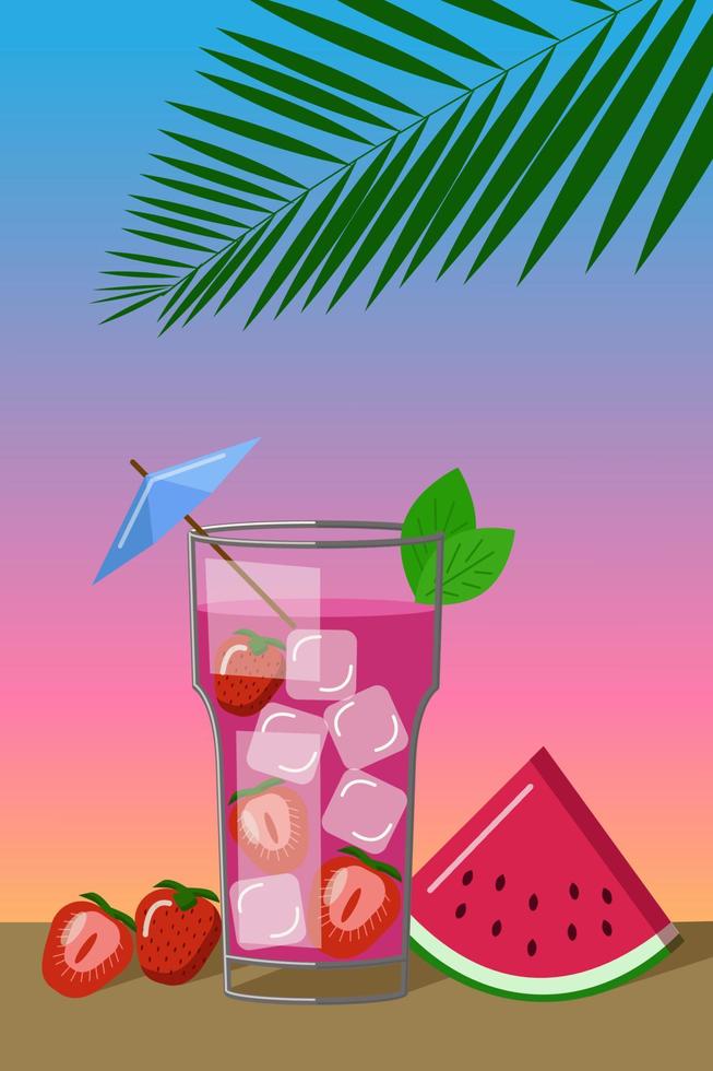 cóctel de fresa sobre un fondo de palmera. ilustración vectorial de dibujos animados plana vector