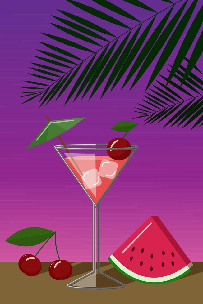 Cóctel de cereza daiquiri sobre un fondo de palmera. ilustración vectorial de dibujos animados plana vector