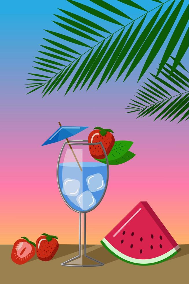 blue lagoon cocktail on a palm tree background. Flat cartoon vector illustration