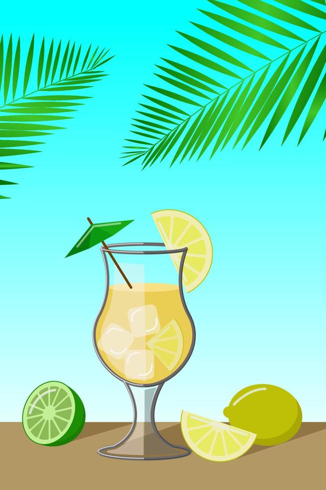 jugo de naranja sobre un fondo de palmera. ilustración vectorial de dibujos animados plana vector