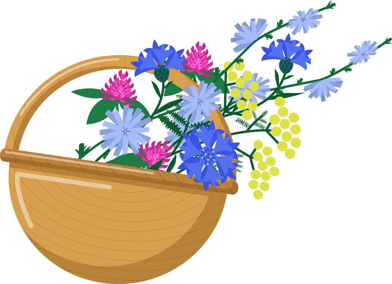 a basket with a bouquet of summer flowers. Summer mood. Wildflowers. cartoon vector illustration