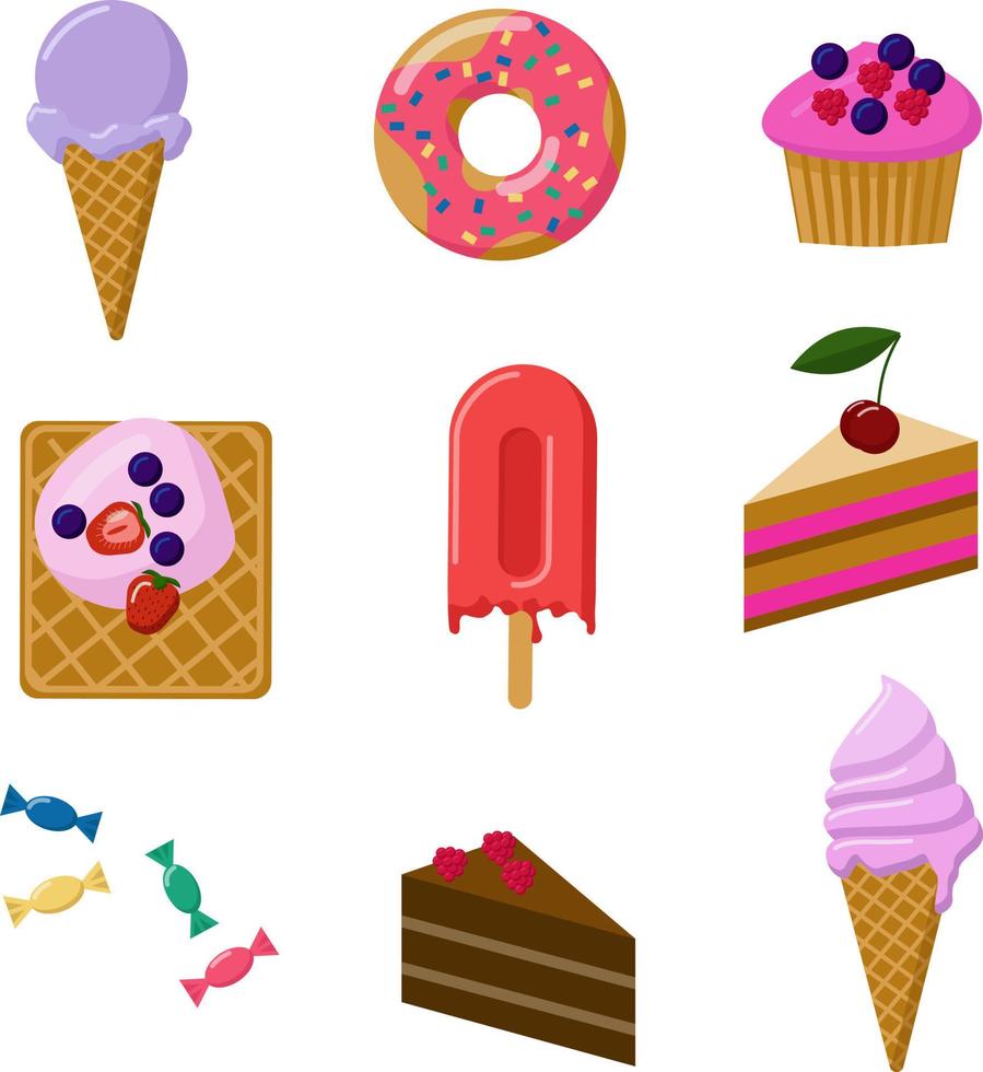 postres comida dulce. helados, pasteles, donas, muffins, dulces, waffles. ilustración vectorial de dibujos animados. 9876641 Vector en Vecteezy postres comida dulce. helados, pasteles, donas, muffins, dulces, waffles. ilustración vectorial de dibujos animados. 9876641 Vector en Vecteezy