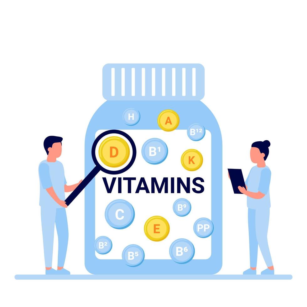 Doctors with jar of nutritional vitamins, health care useful dietary supplement. Drug development. Different types of food additives. Vector illustration