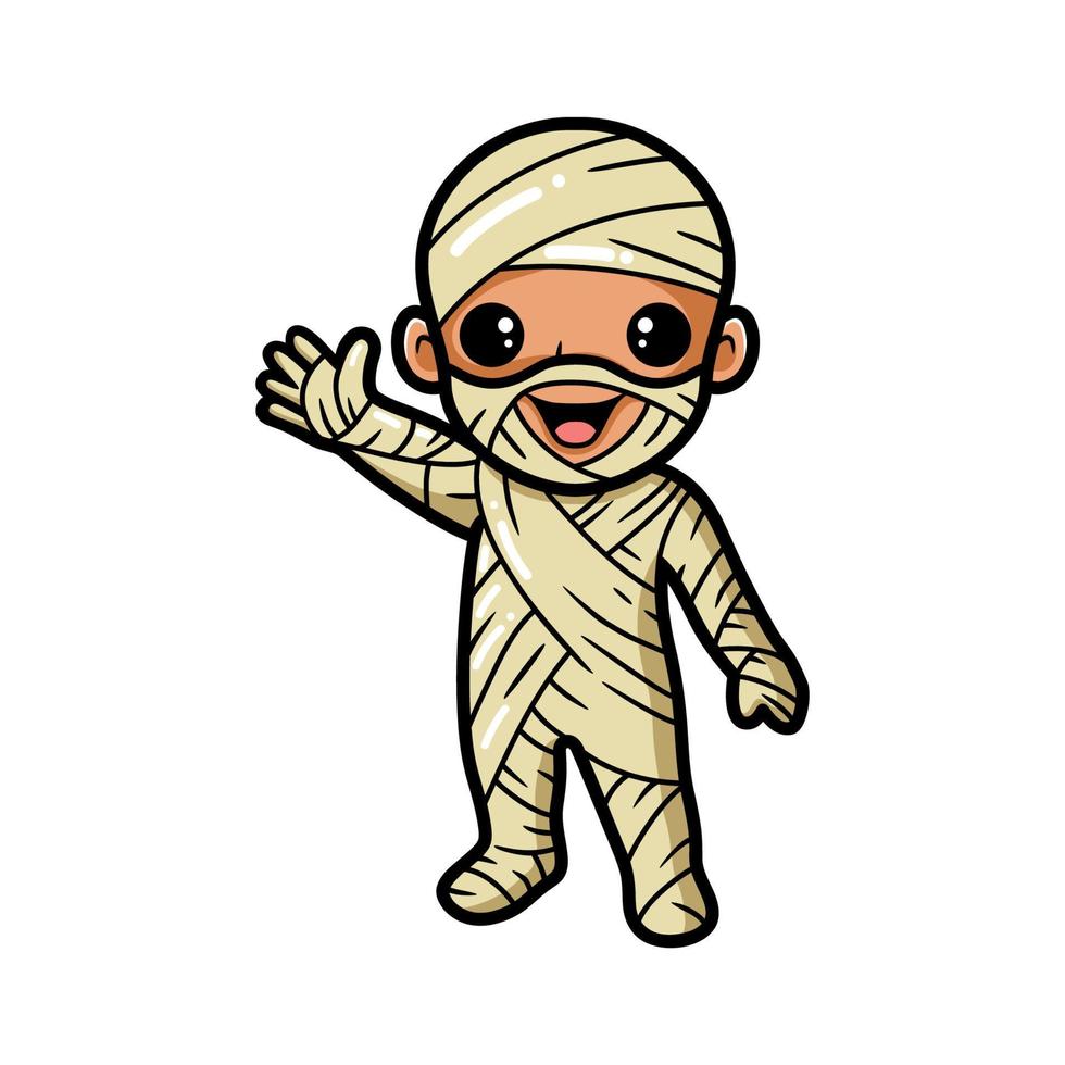 Cute little boy mummy cartoon waving hand vector