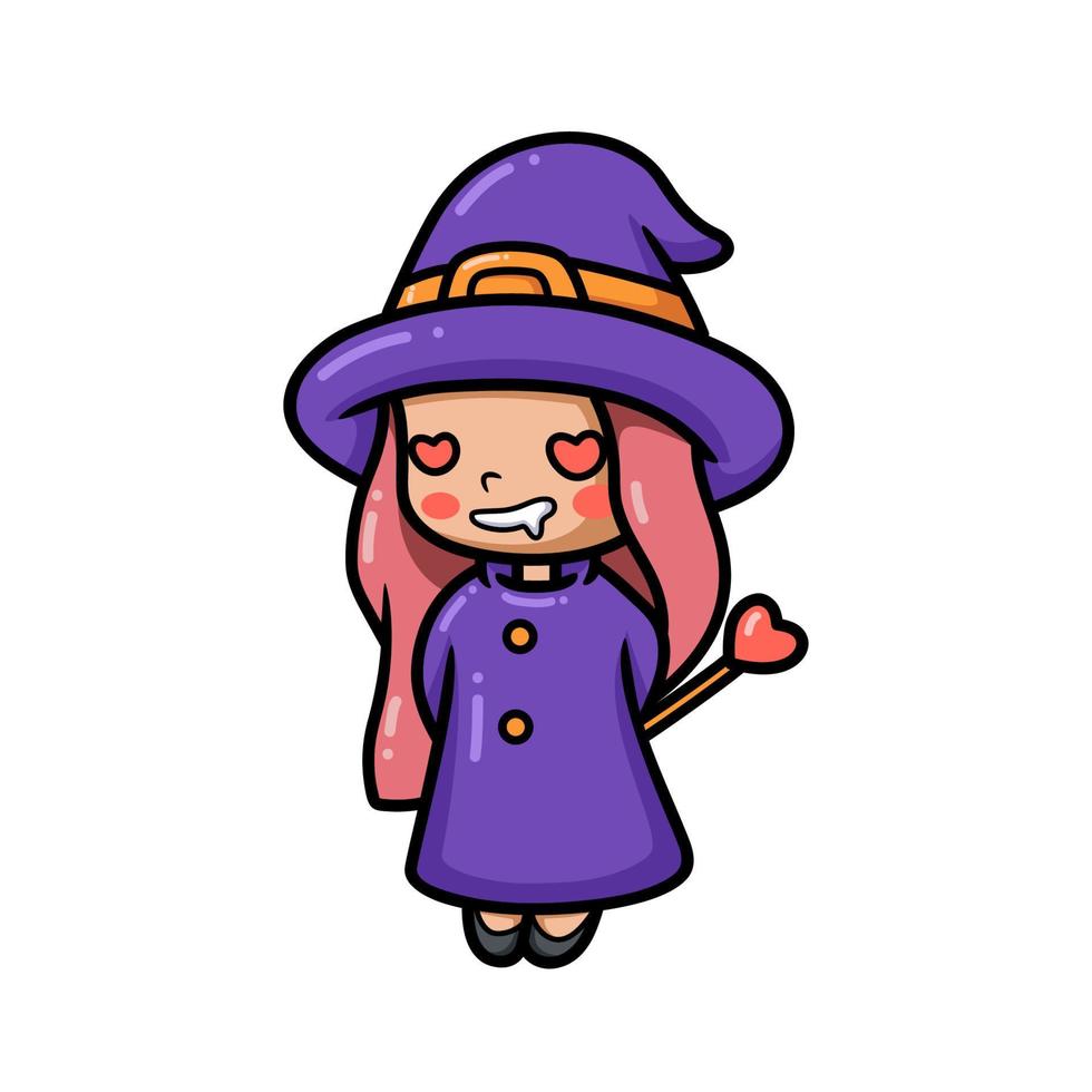 Cute little witch girl cartoon with red heart eyes vector