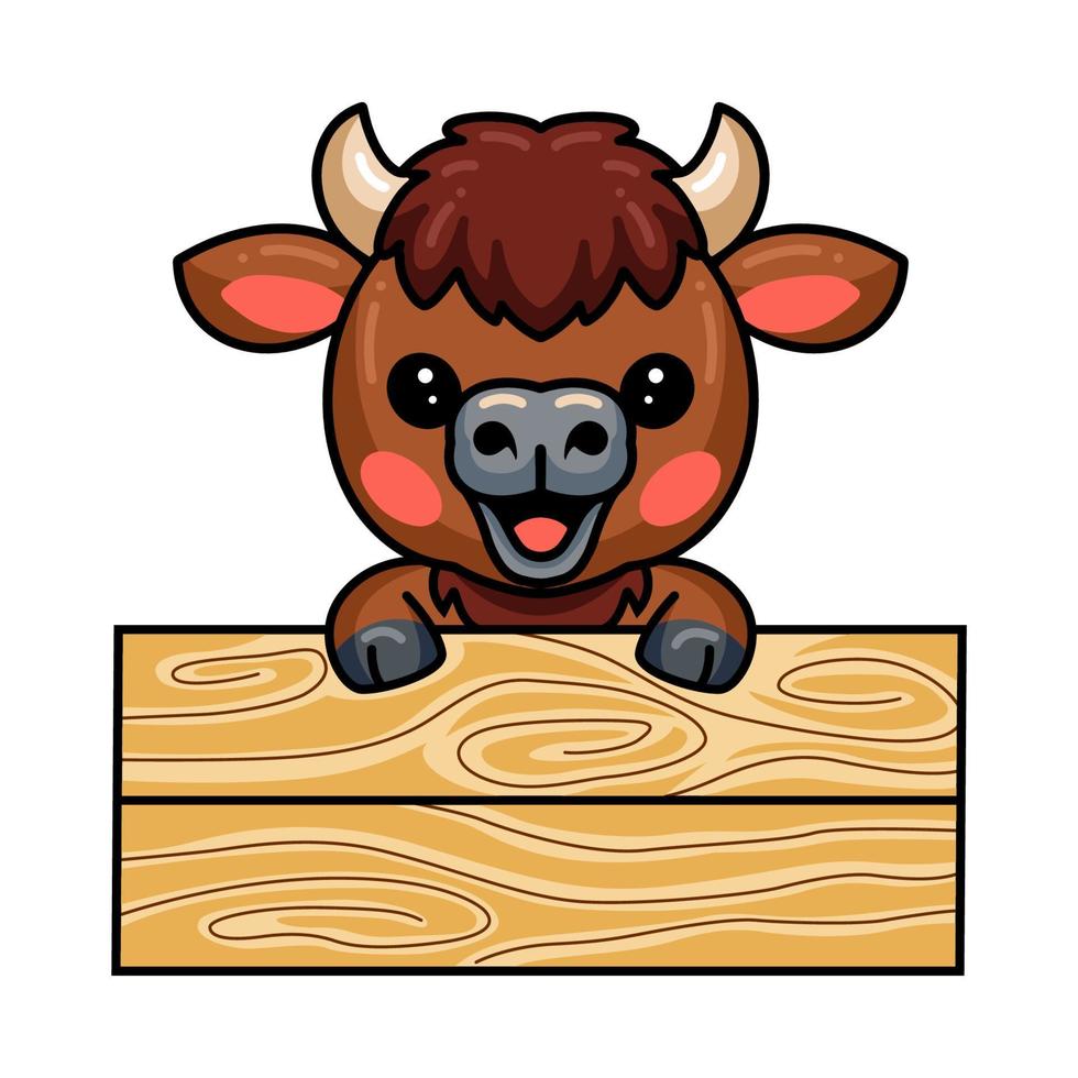 Cute baby buffalo cartoon with blank board vector