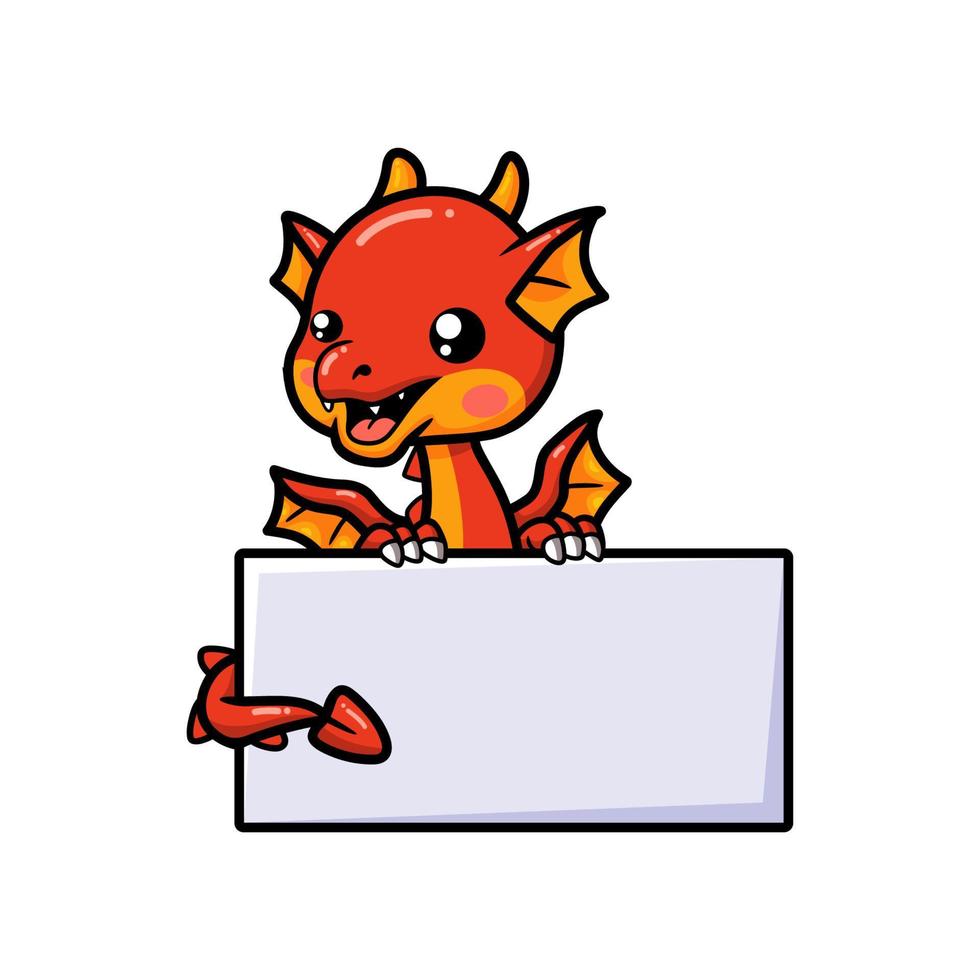 Cute red little dragon cartoon with blank sign vector