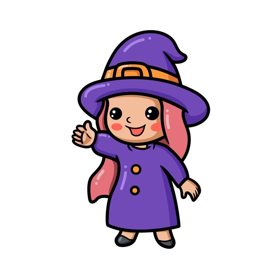 Cute little witch girl cartoon waving hand vector