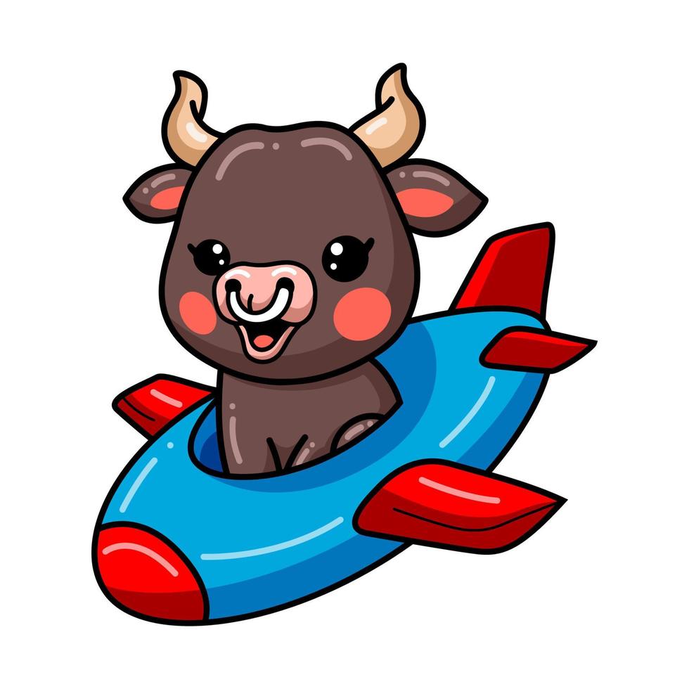 Cute baby bull cartoon flying on plane vector