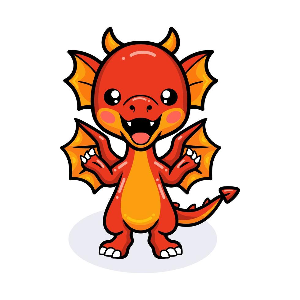 dibujos animados lindo pequeño dragón rojo agitando las manos vector
