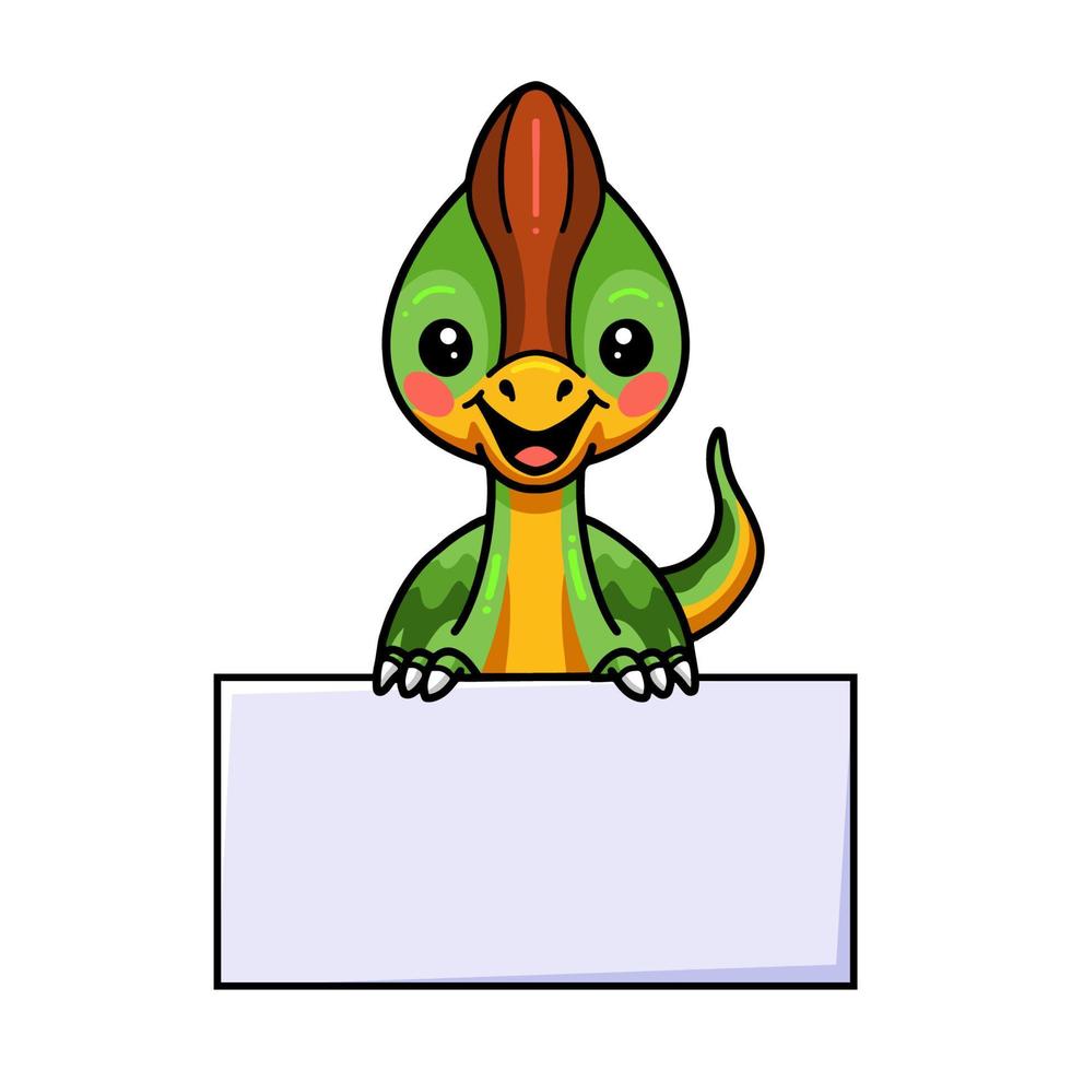 Cute little parasaurolophus dinosaurio de dibujos animados con signo en blanco vector