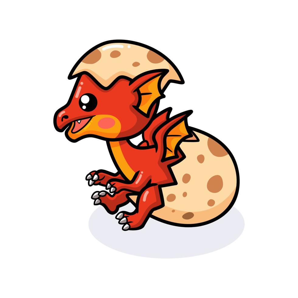Cute red little dragon cartoon hatching from egg vector