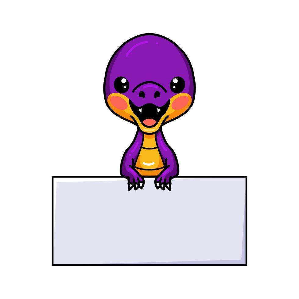 Cute purple little dinosaur cartoon with blank sign vector