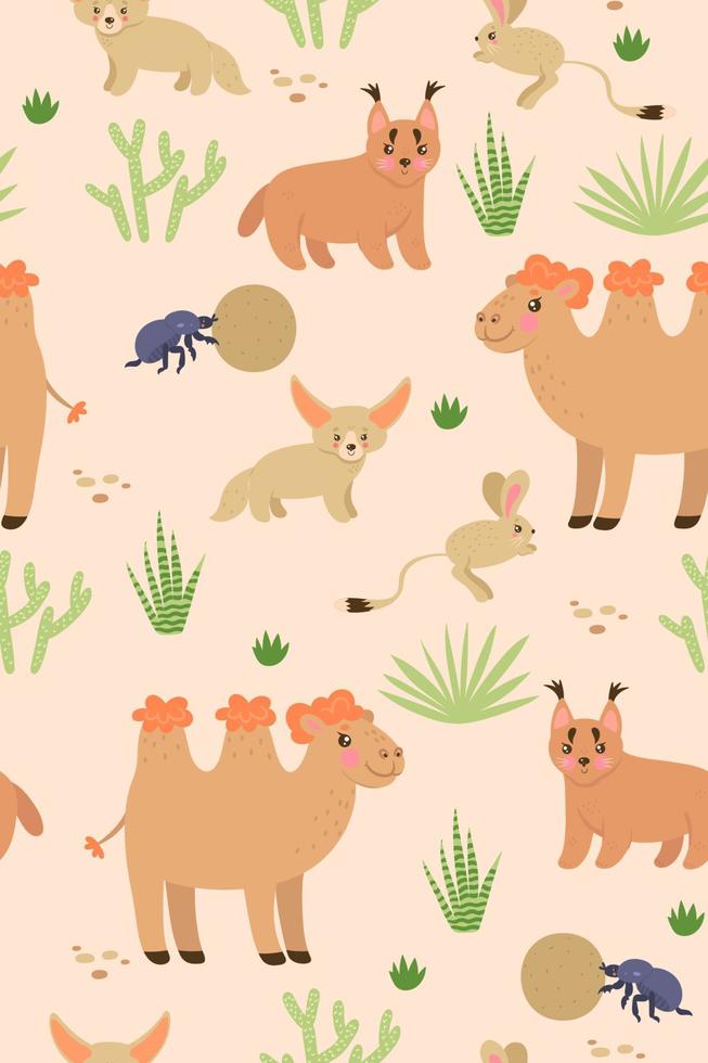 Seamless pattern with cute desert animals. Vector graphics.