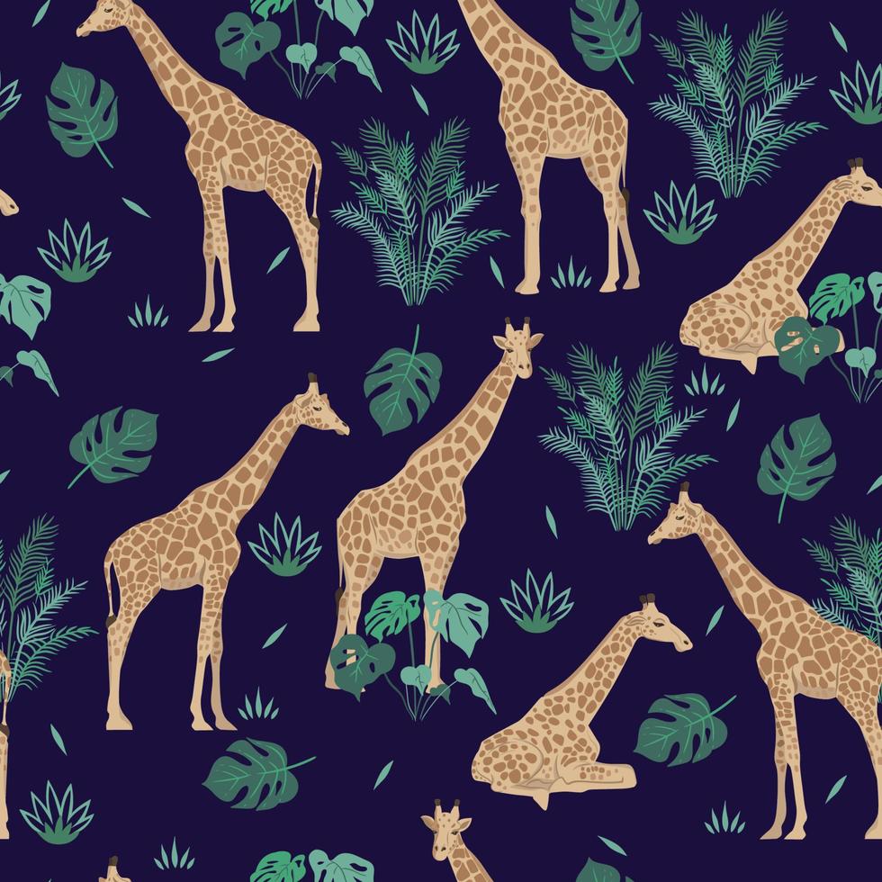 patrón impecable con jirafas y hojas tropicales. gráficos vectoriales vector