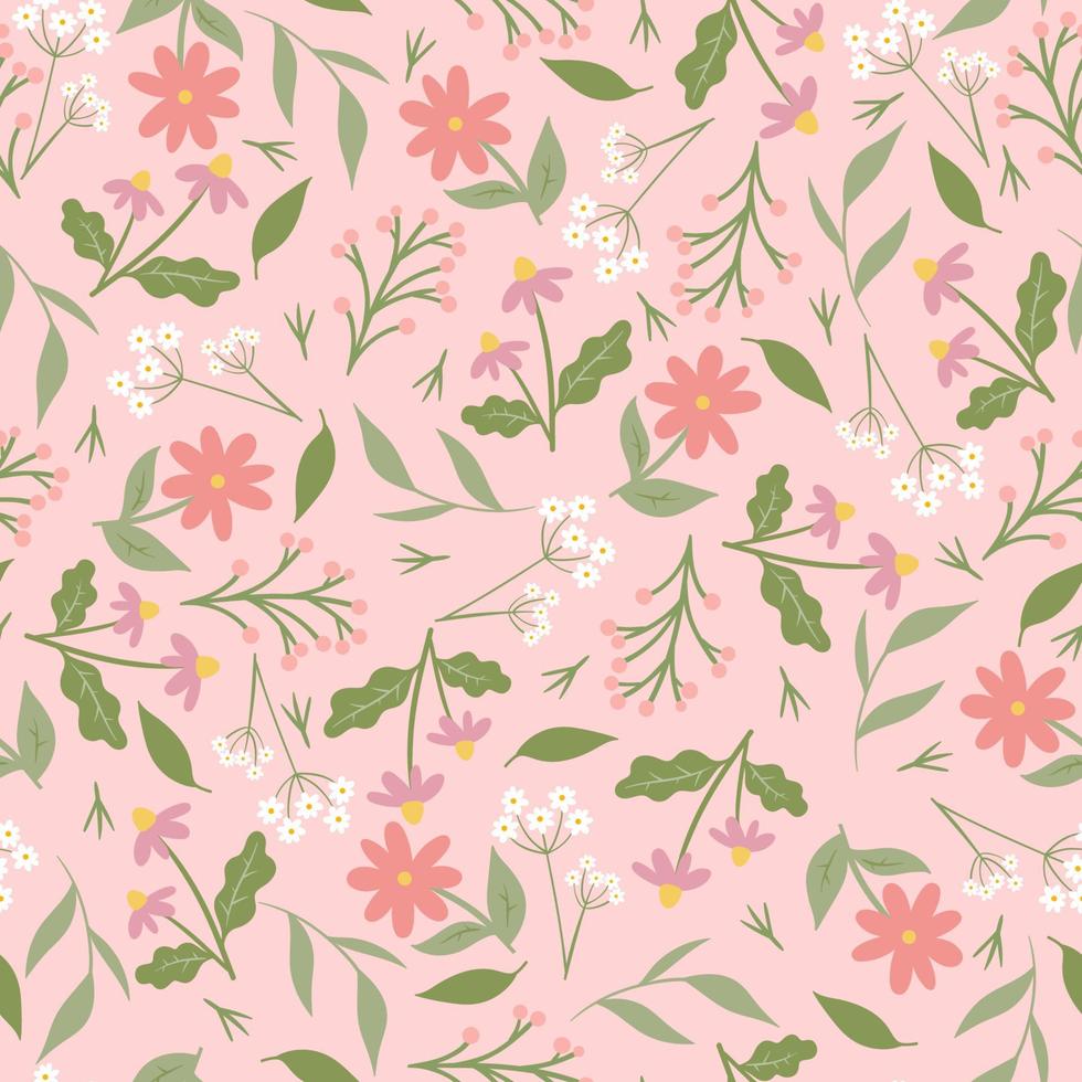 Seamless pattern with flowers on a pink background. Vector graphics.