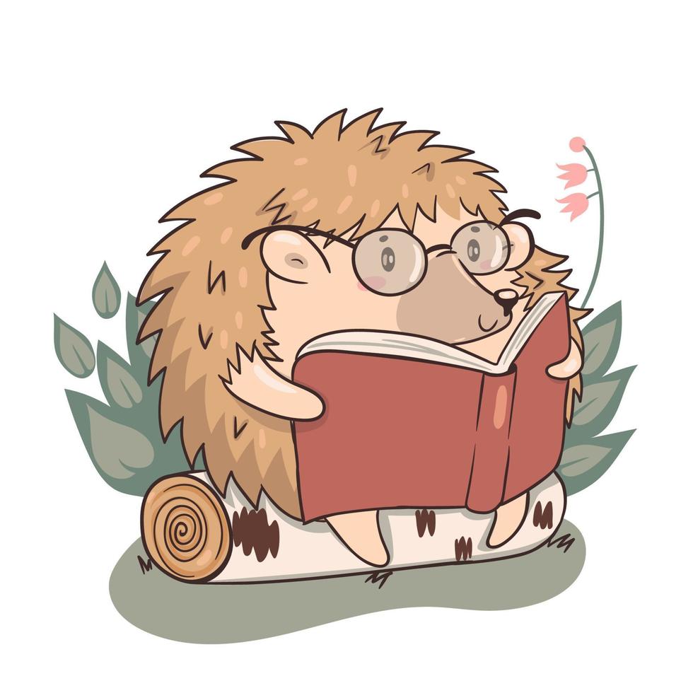 Hedgehog reads isolate on a white background. Kawaii character hedgehog. Vector graphics.