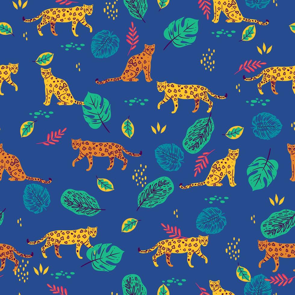 Seamless pattern with tropical leaves and leopards.Vector graphics. vector