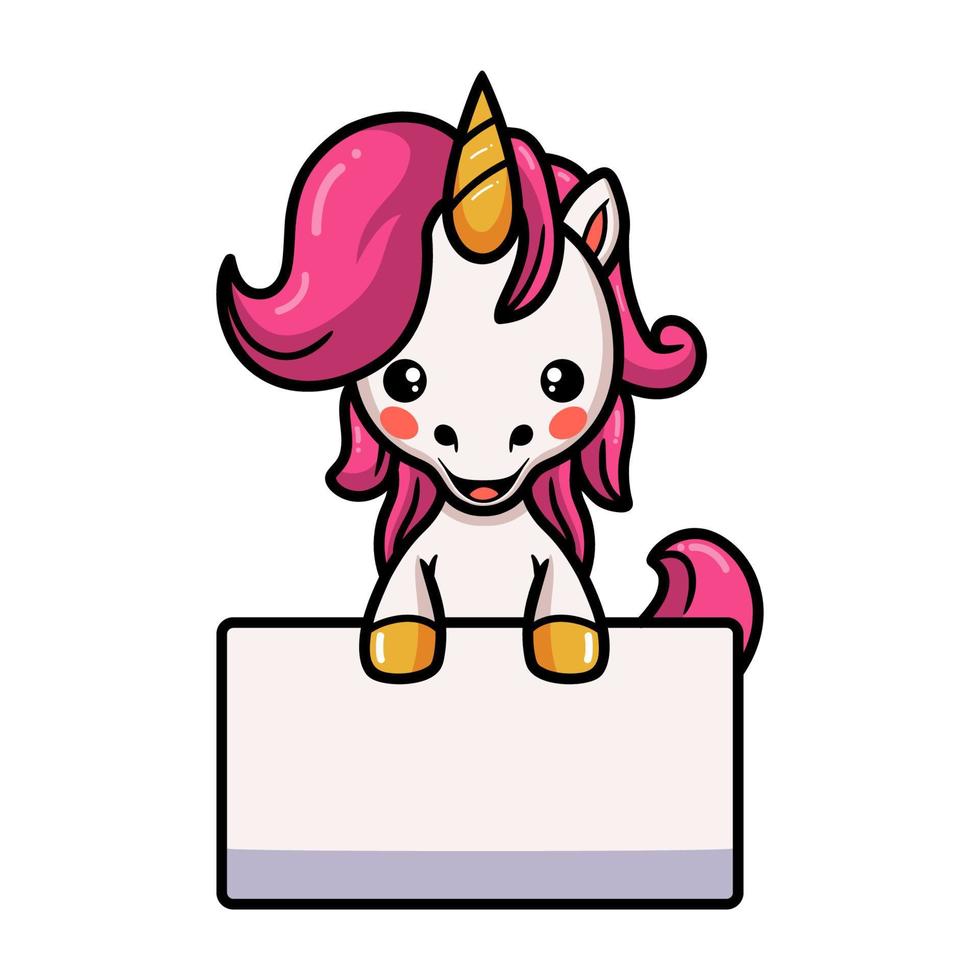 Cute baby unicorn cartoon with blank sign vector