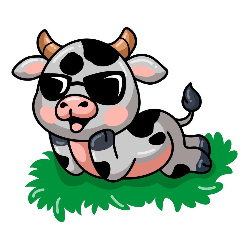 Cute baby cow cartoon lying down in grass vector