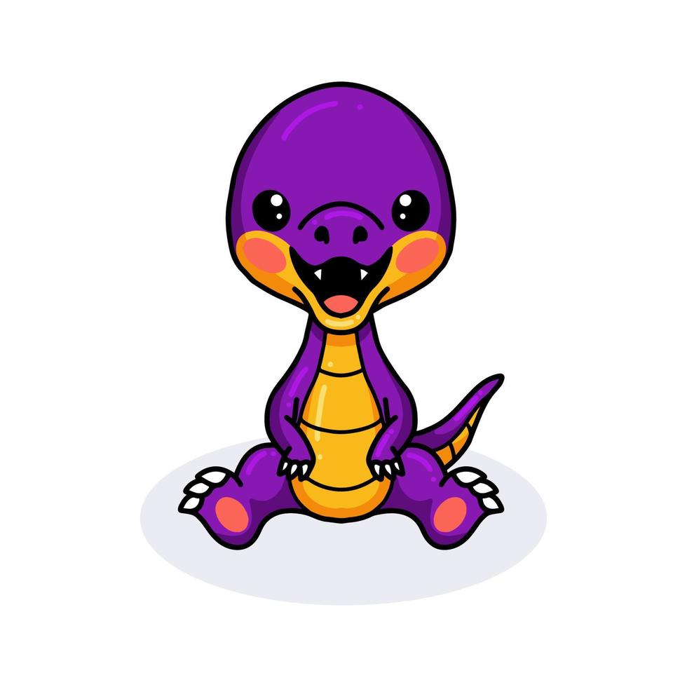 lindo pequeño dinosaurio púrpura sentado de dibujos animados vector