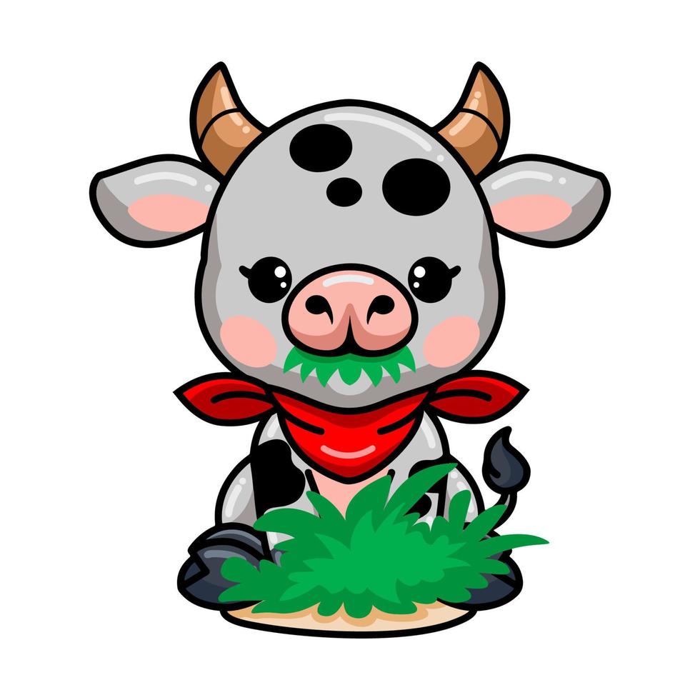 Cute baby cow cartoon eating grass vector