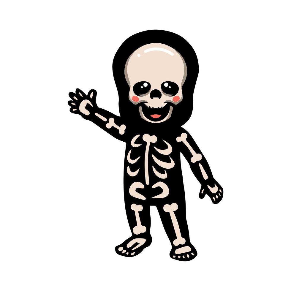 Cute halloween skeleton cartoon waving hand vector