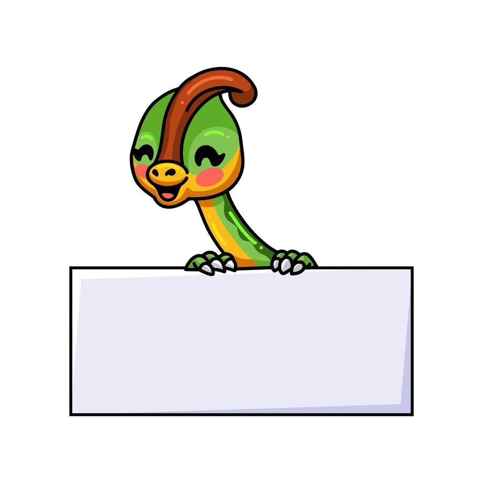 Cute little parasaurolophus dinosaur cartoon with blank sign vector