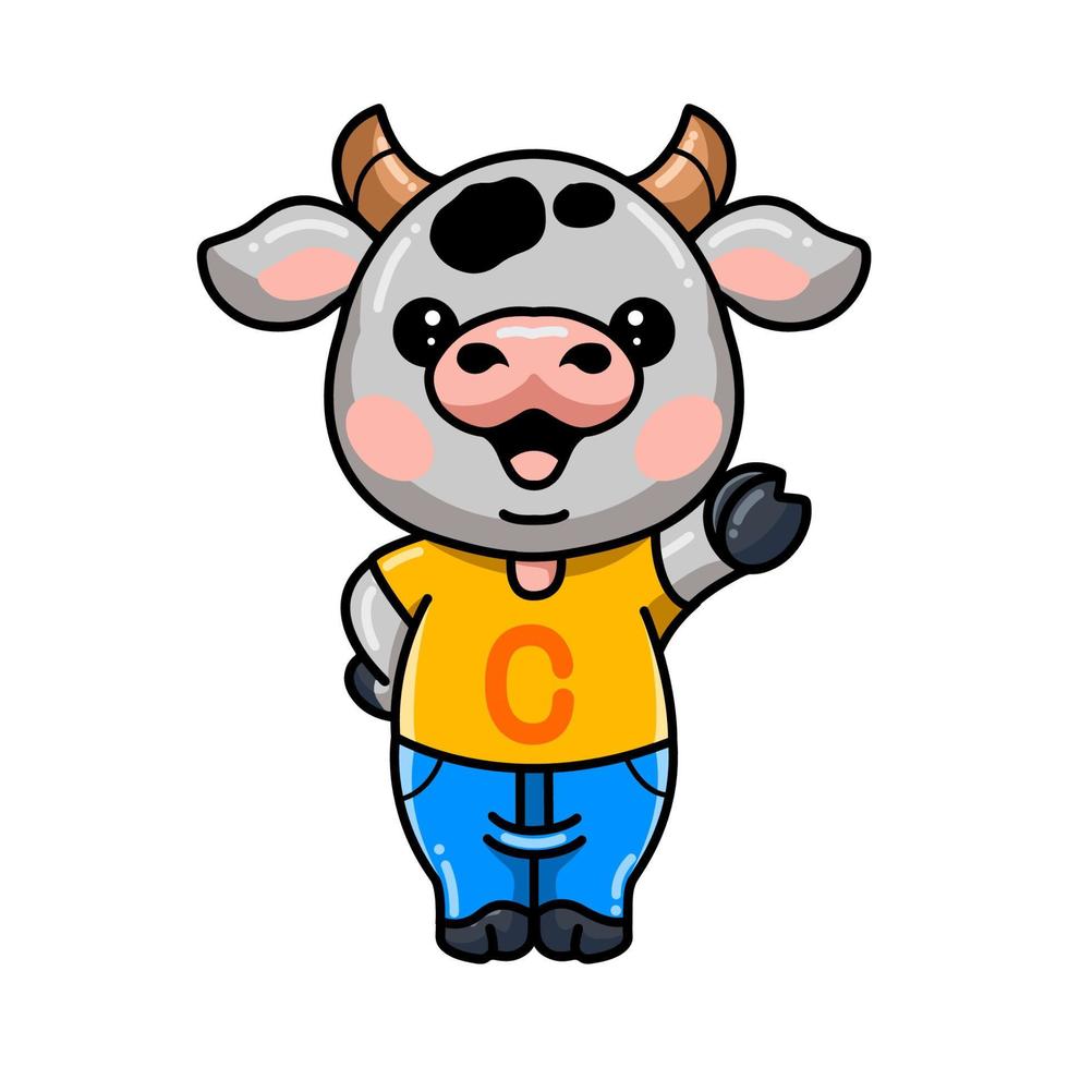 Cute baby cow cartoon waving hand vector