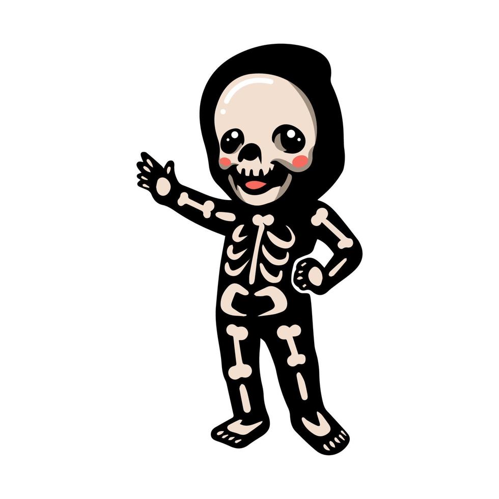 Cute halloween skeleton cartoon waving hand vector