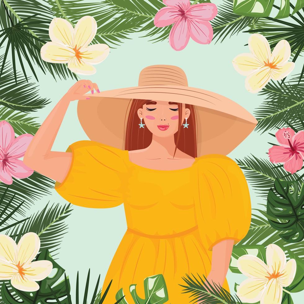 hermosa mujer joven con un gran sombrero disfrutando de los trópicos. relajarse, viajar, ilustración del concepto de ocio con una chica en estilo de dibujos animados planos. para tarjetas, carteles, fondos, impresiones. vector