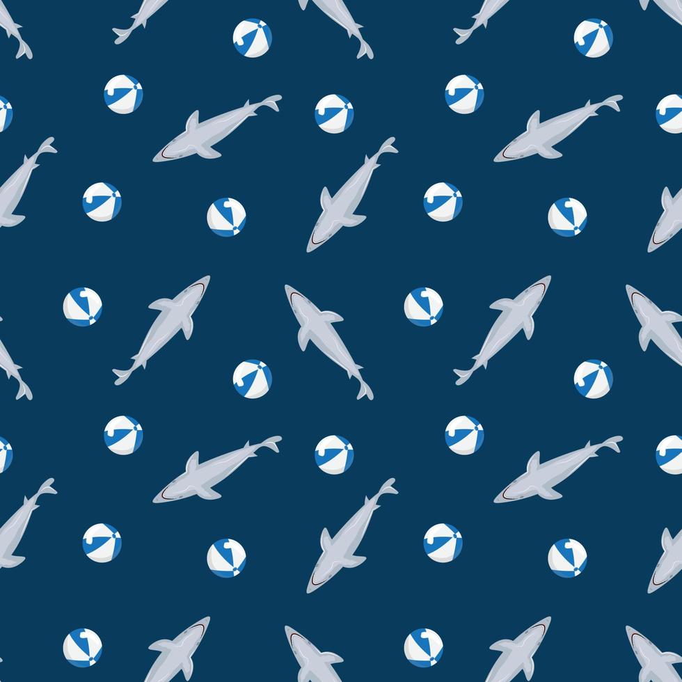 Seamless pattern with sharks and beach balls on blue background. For apparel, textile, wrapping paper, packaging. vector