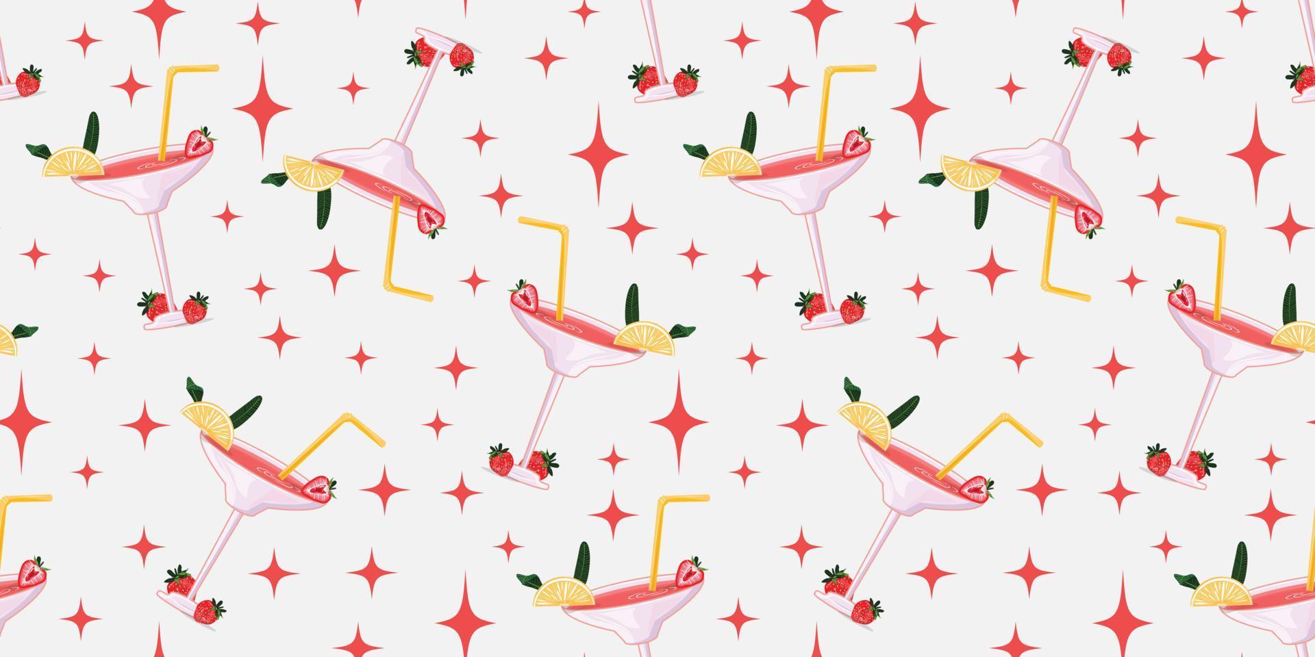 Seamless pattern with cocktail glasses with lemon and strawberries. For textile, wrapping paper, cards, packaging. vector