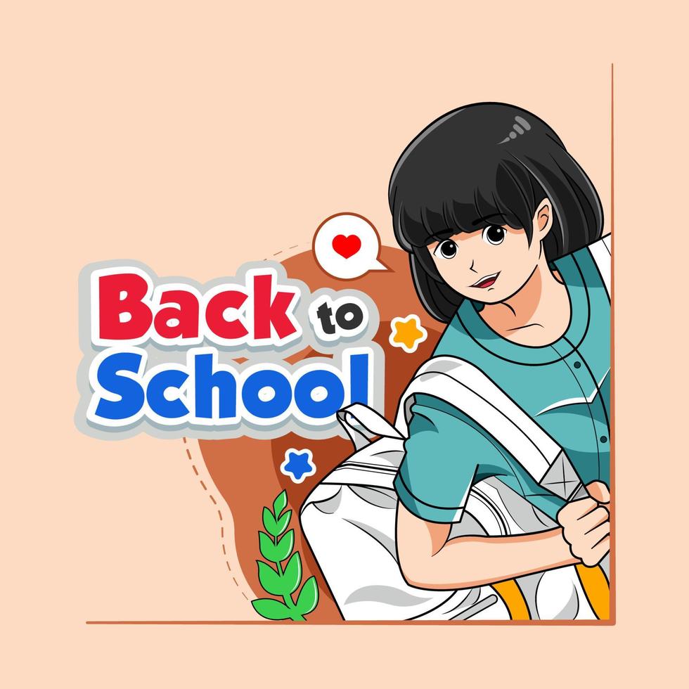 De vuelta a la escuela. una niña feliz con su mochila ilustración vectorial descarga gratuita vector