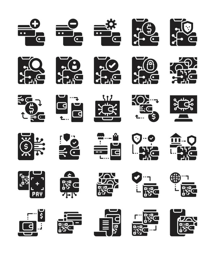 set of digital wallet technology silhouette solid icon vector illustration