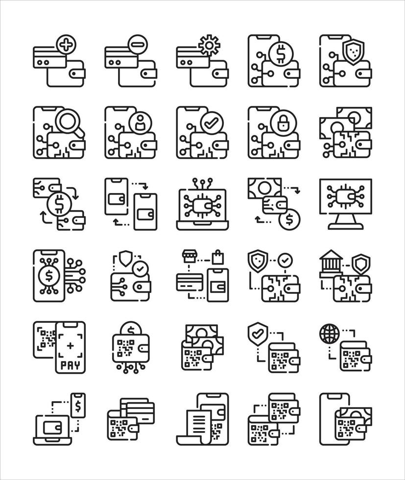 set of digital wallet technology simple line icon vector