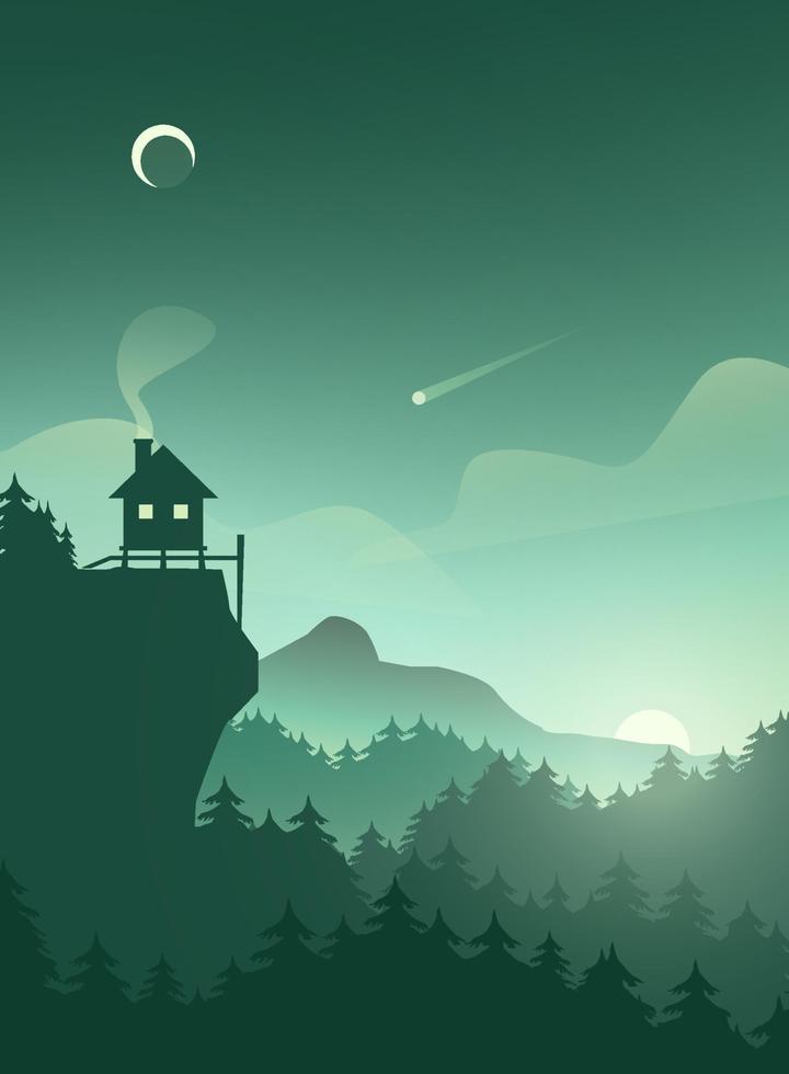 Flat morning nature scenery with forest, mountain and house on a cliff vector