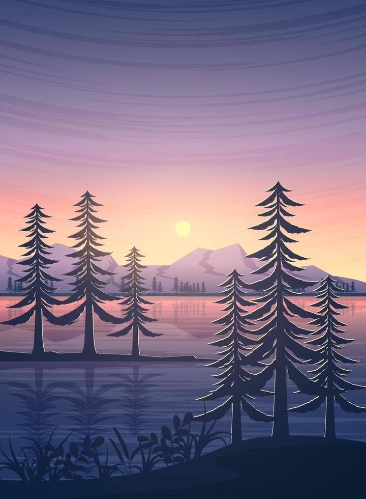 Beautiful flat evening nature lake reflection and mountains illustration vector