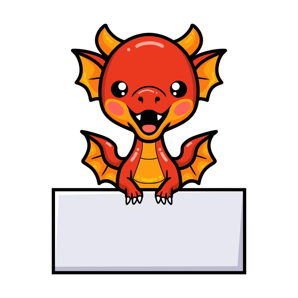 dibujos animados lindo pequeño dragón rojo con signo en blanco vector