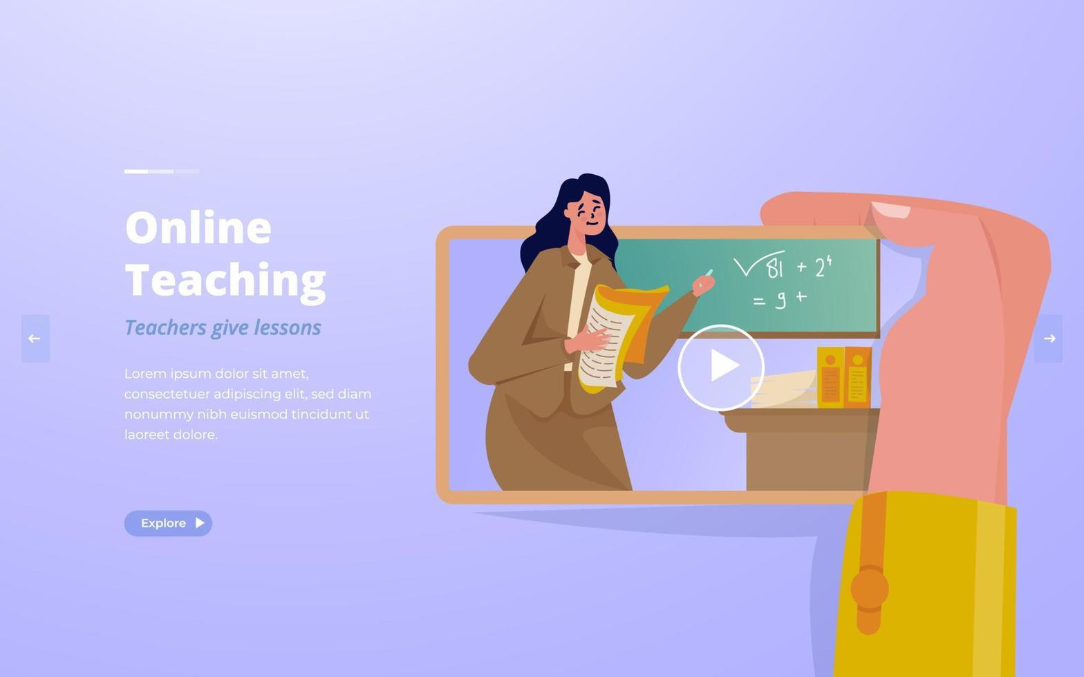 Flat design online teaching with video tutorial concept vector