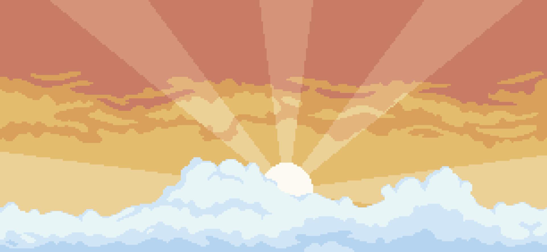 Pixel art sunset background with clouds for game in 8bit vector