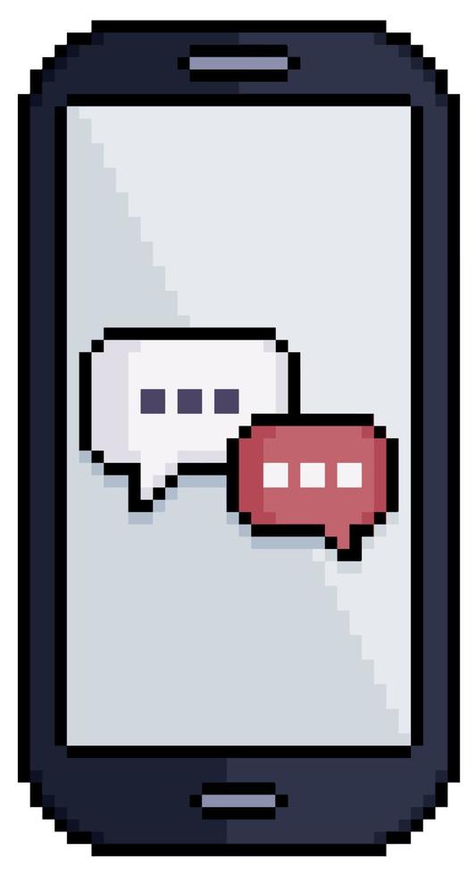 Pixel art mobile phone with messaging chat vector icon for 8bit game on white background