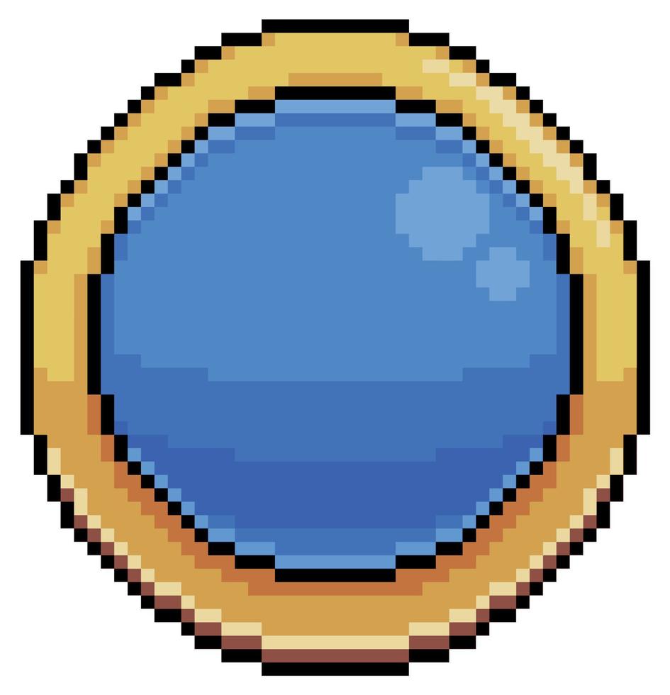 Pixel art blue round button for game and app interface vector icon for 8bit game on white background