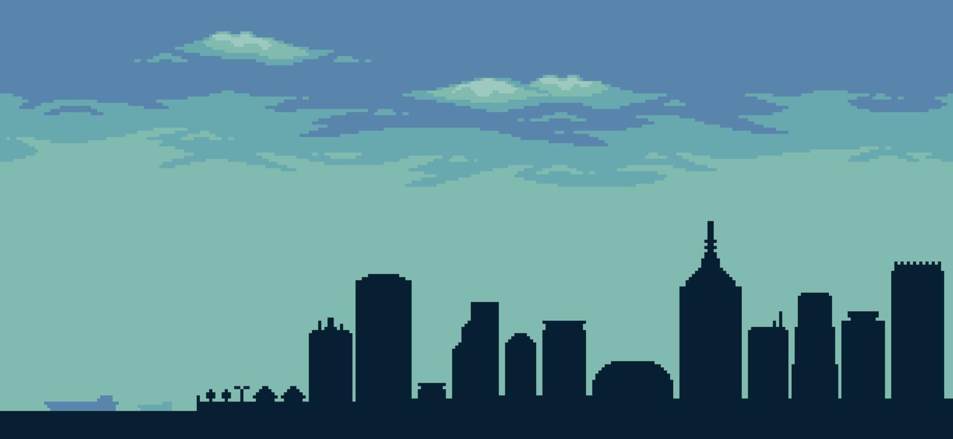 pixel art ciudad fondo azul con edificios, construcciones, puente y cielo nublado para juego de 8 bits vector