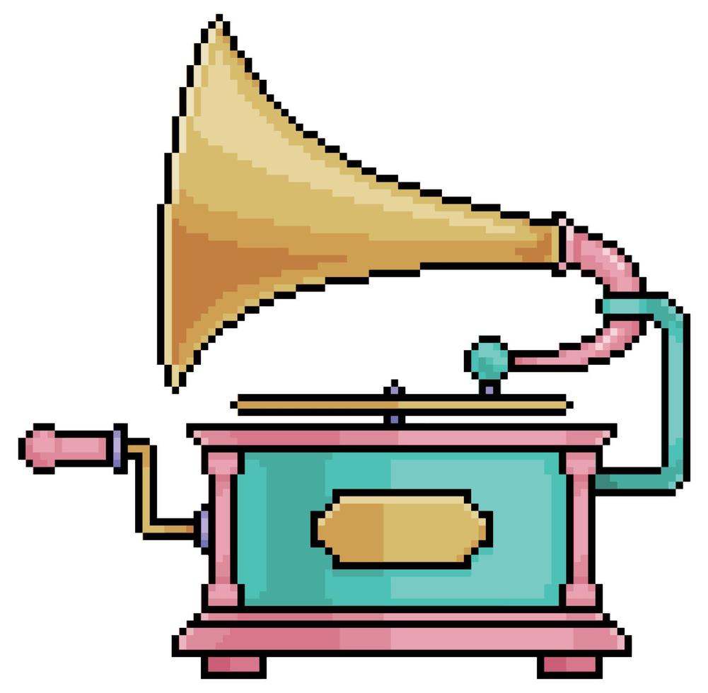 Pixel art colorful old gramophone vector icon for 8bit game on white background