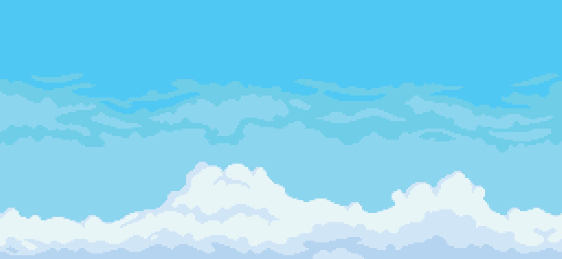 fondo de cielo de arte de píxeles con nubes, vector de cielo azul nublado para juego de 8 bits sobre fondo blanco